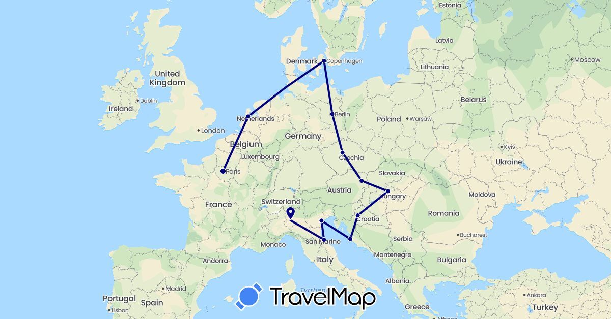 TravelMap itinerary: driving in Austria, Czech Republic, Germany, Denmark, France, Croatia, Hungary, Italy, Netherlands (Europe)